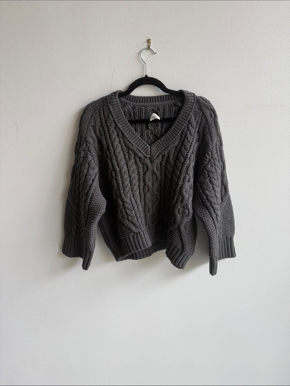 Maeve Charcoal Cable Knit V-Neck Sweater